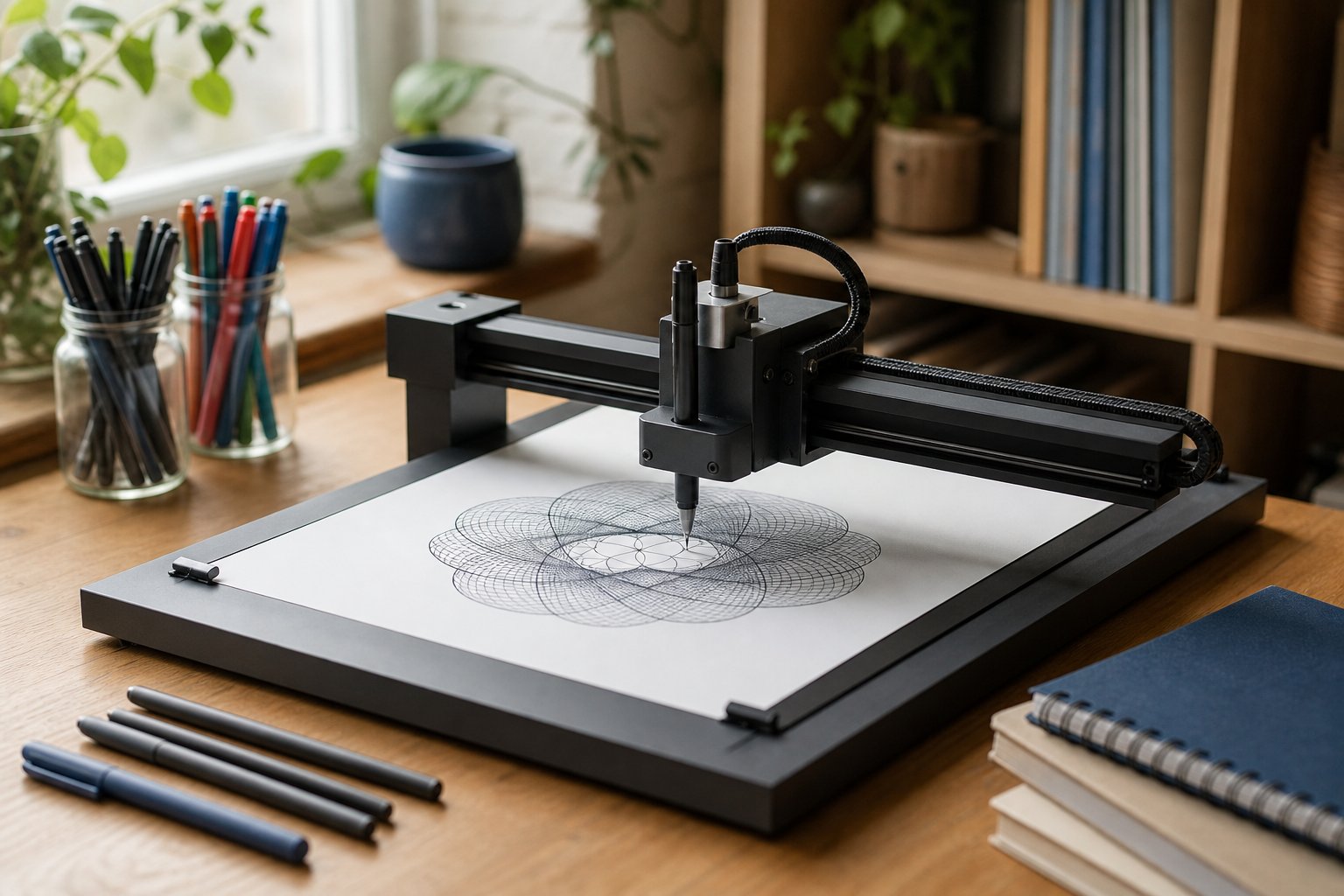 Desktop pen plotter drawing an intricate geometric pattern in a UK maker studio, an axidraw alternative at work