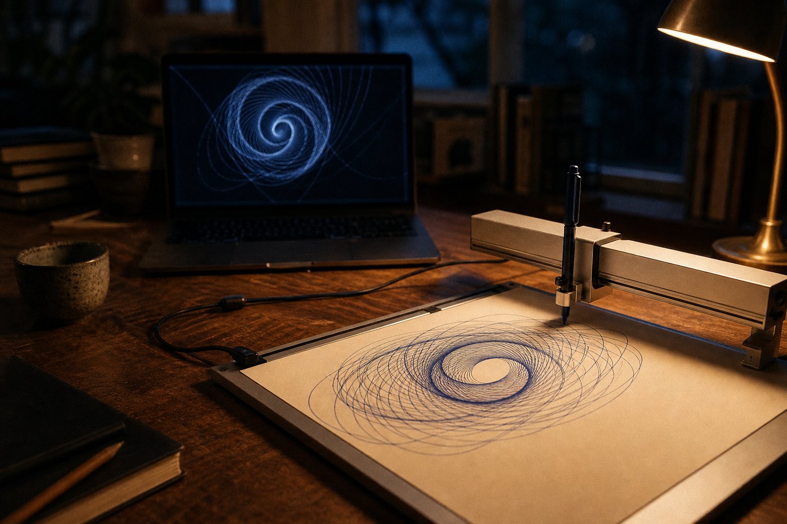 Pen plotter drawing an indigo spiral on cream paper beside a glowing laptop during an iDraw Inkscape setup